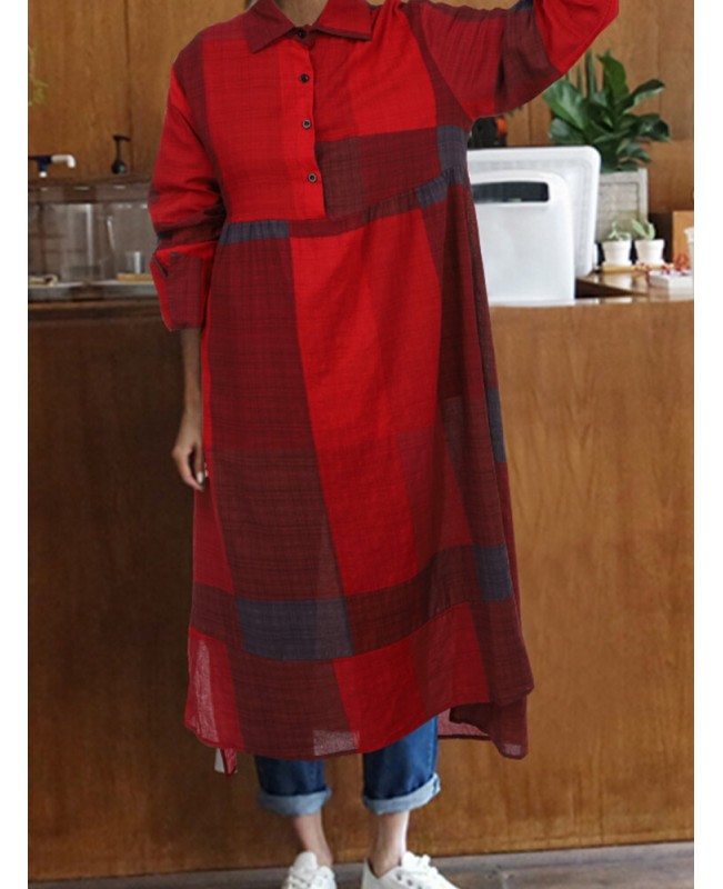 Plaid Print Turn-down Collar Long Sleeve Irregular Hem Button Shirt Dress For Women - Wine Red S