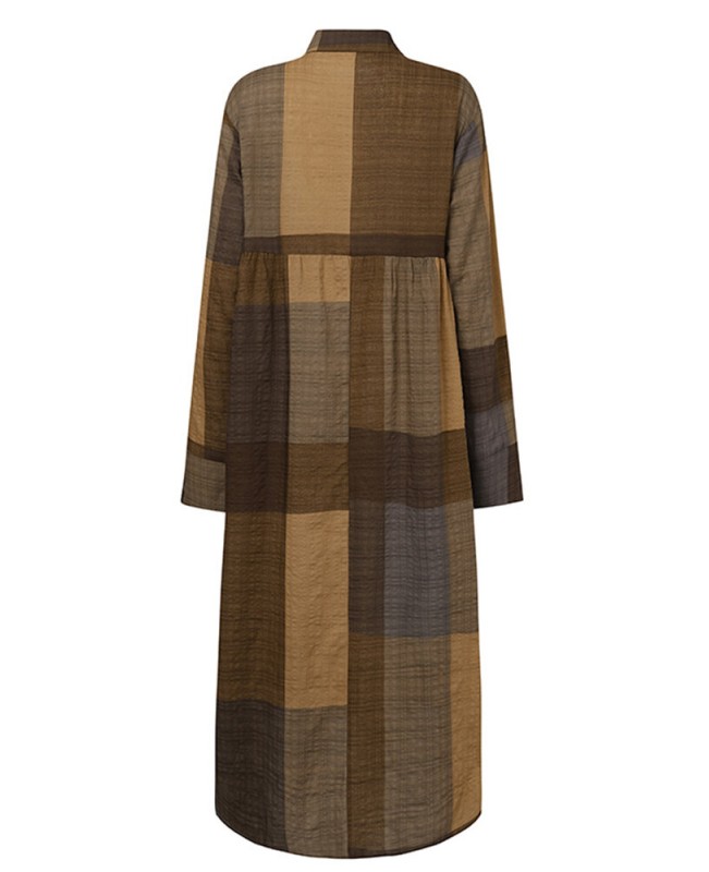 Plaid Print Turn-down Collar Long Sleeve Irregular Hem Button Shirt Dress For Women - Wine Red S