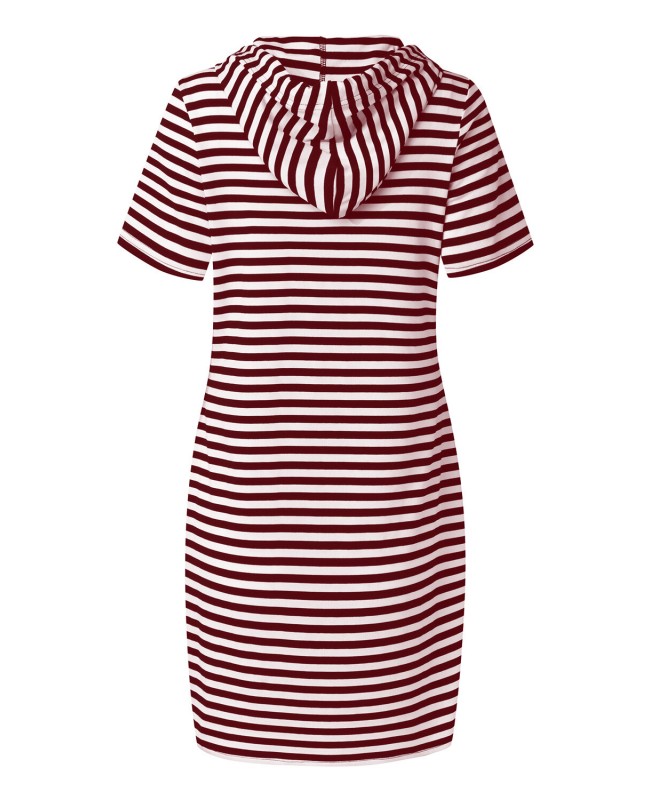 Striped Drawstring Short Sleeve Casual Shirt Pocket Dress - Wine Red L