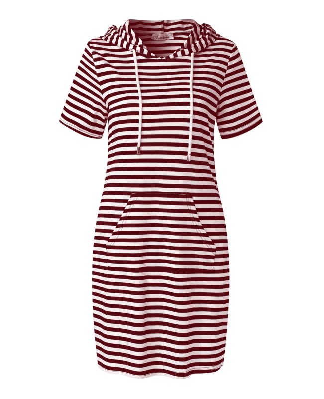 Striped Drawstring Short Sleeve Casual Shirt Pocket Dress - Wine Red L