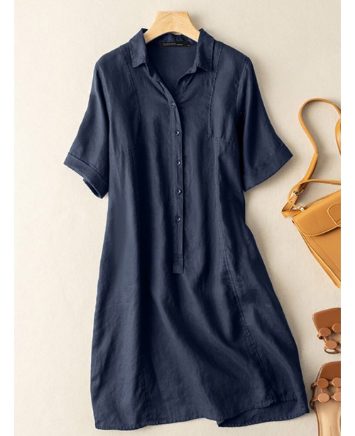 Solid Button Front Short Sleeve Lapel Shirt Dress ...
