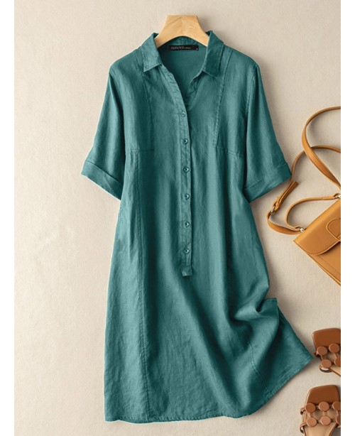 Solid Button Front Short Sleeve Lapel Shirt Dress ...