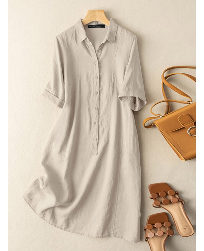 Solid Button Front Short Sleeve Lapel Shirt Dress - Green S