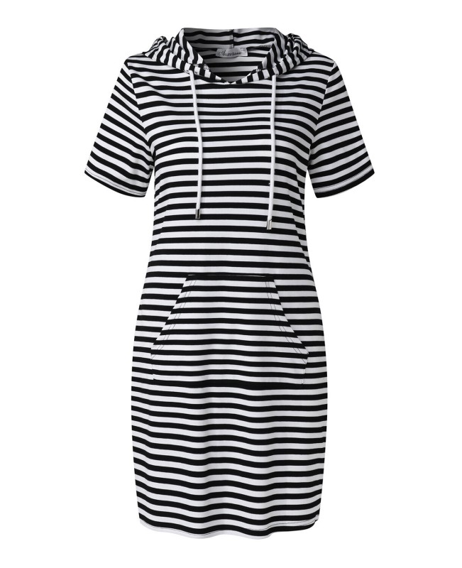 Striped Drawstring Short Sleeve Casual Shirt Pocket Dress - Wine Red L