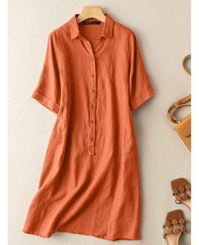 Solid Button Front Short Sleeve Lapel Shirt Dress - Green S