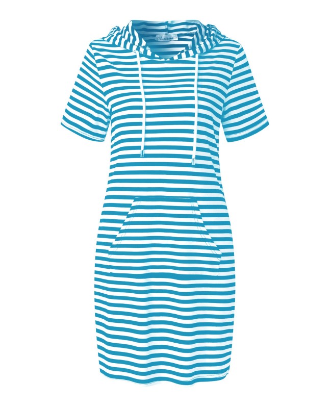 Striped Drawstring Short Sleeve Casual Shirt Pocket Dress - Wine Red L