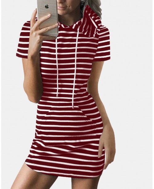 Striped Drawstring Short Sleeve Casual Shirt Pocke...