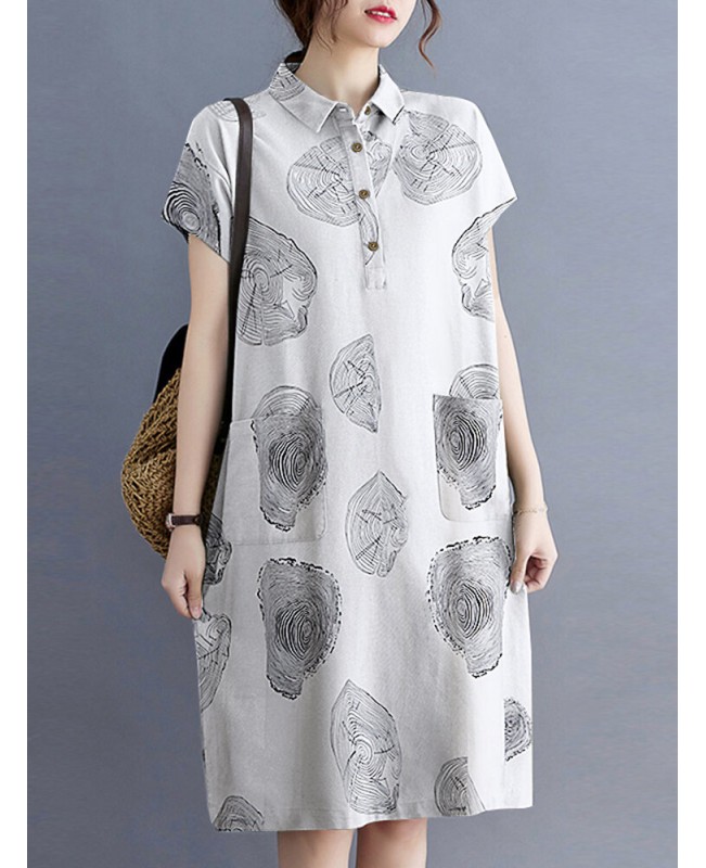 Print Button Pocket Lapel Short Sleeve Casual Midi Dress - Black S