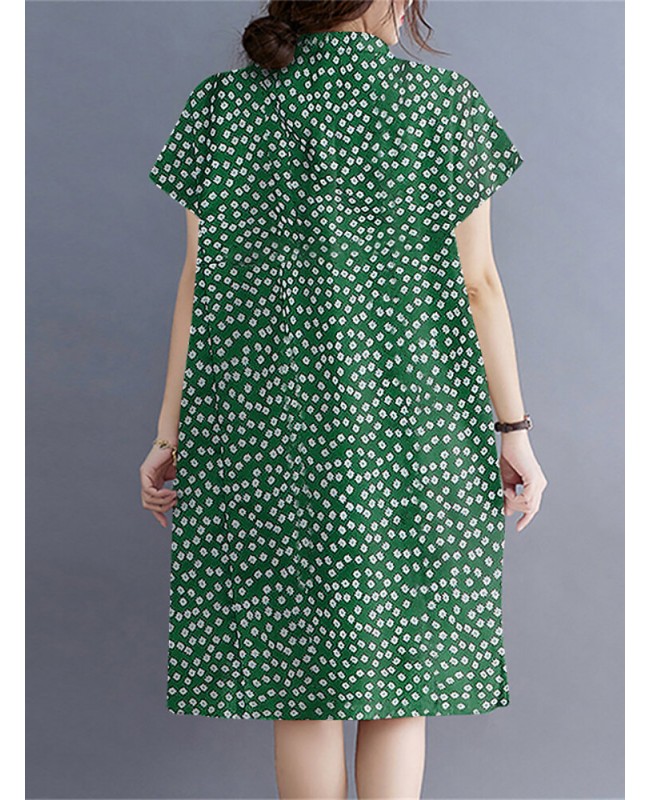 Calico Button Pocket Lapel Short Sleeve Casual Midi Print Dress - Black S