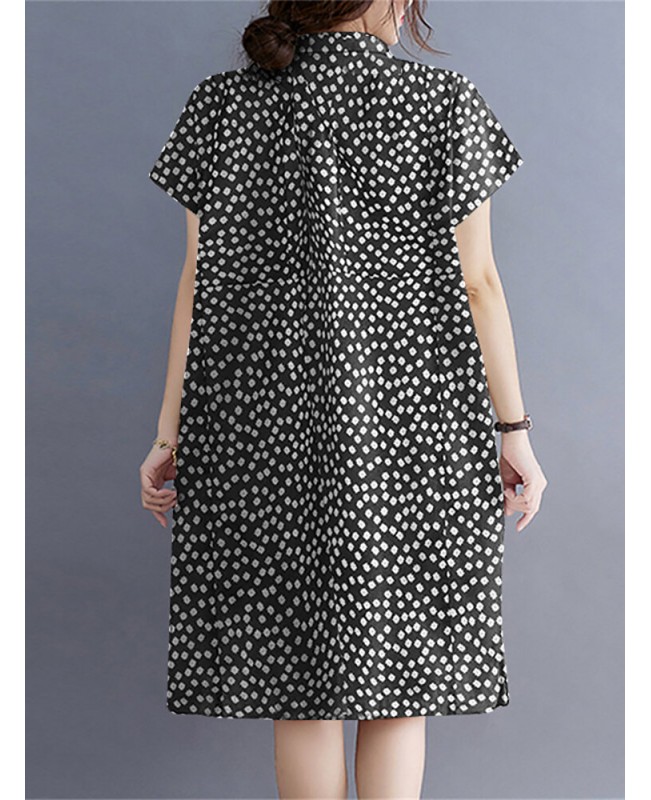 Calico Button Pocket Lapel Short Sleeve Casual Midi Print Dress - Black S
