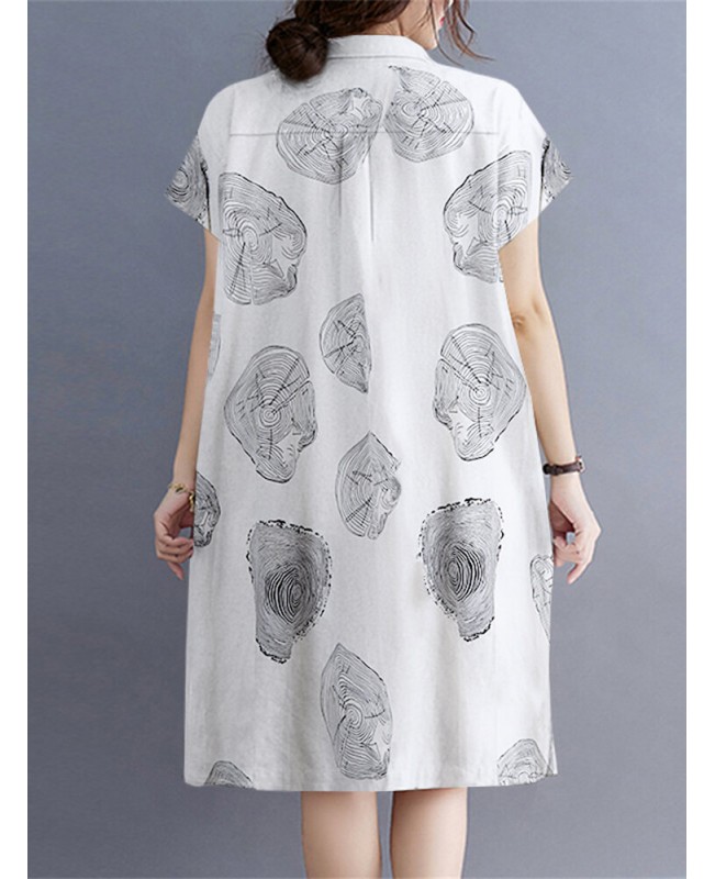 Print Button Pocket Lapel Short Sleeve Casual Midi Dress - Black S