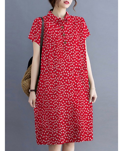 Calico Button Pocket Lapel Short Sleeve Casual Mid...