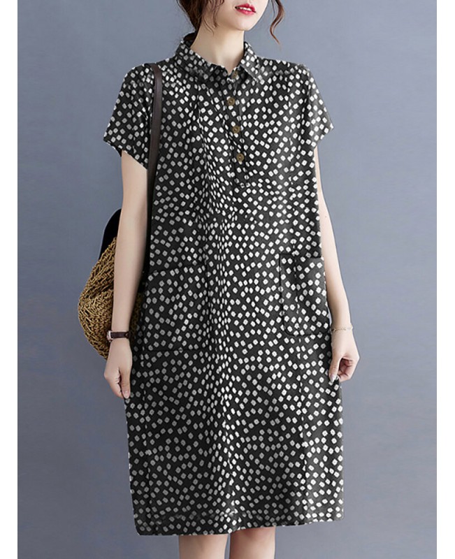 Calico Button Pocket Lapel Short Sleeve Casual Midi Print Dress - Black S