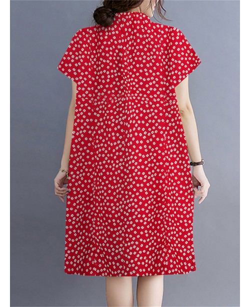 Calico Button Pocket Lapel Short Sleeve Casual Mid...