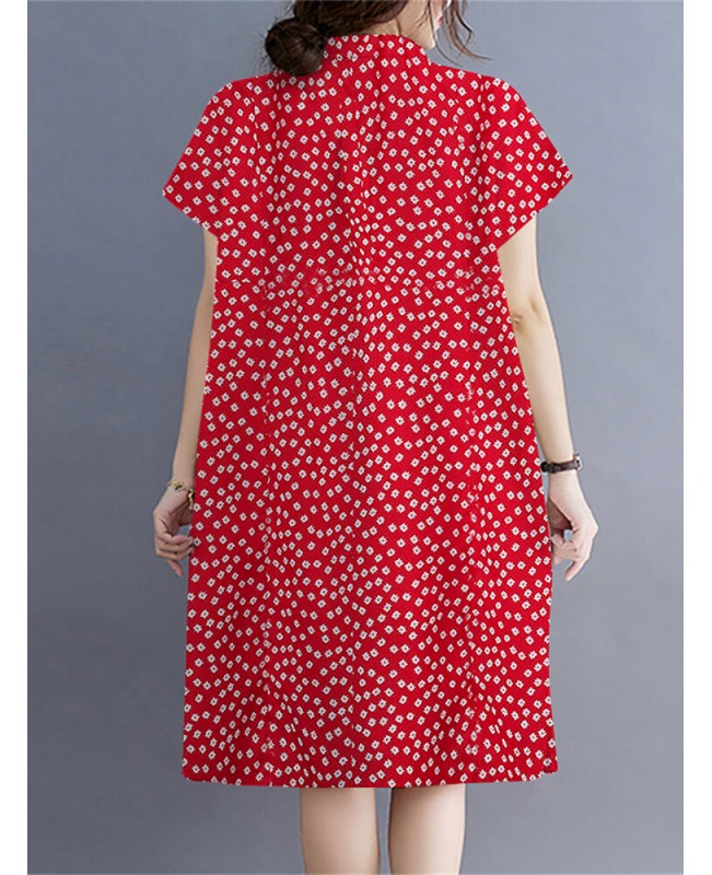 Calico Button Pocket Lapel Short Sleeve Casual Midi Print Dress - Black S