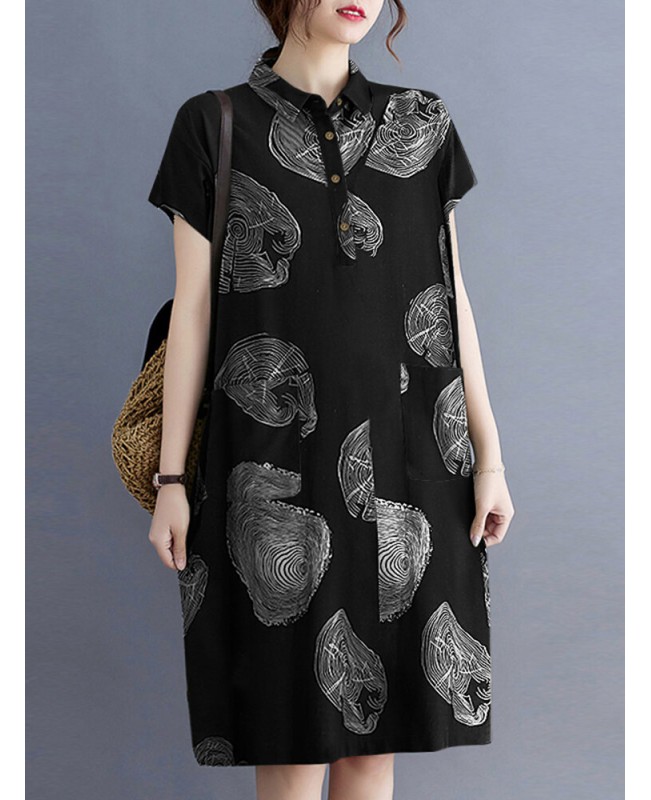 Print Button Pocket Lapel Short Sleeve Casual Midi Dress - Black S