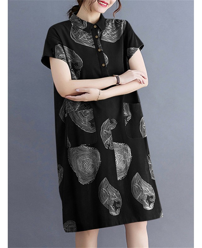 Print Button Pocket Lapel Short Sleeve Casual Midi Dress - Black S