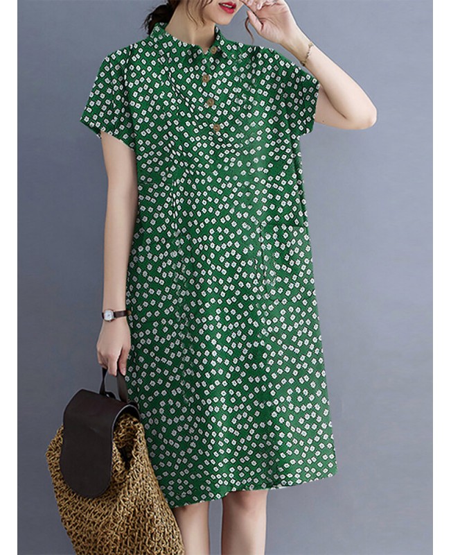 Calico Button Pocket Lapel Short Sleeve Casual Midi Print Dress - Black S