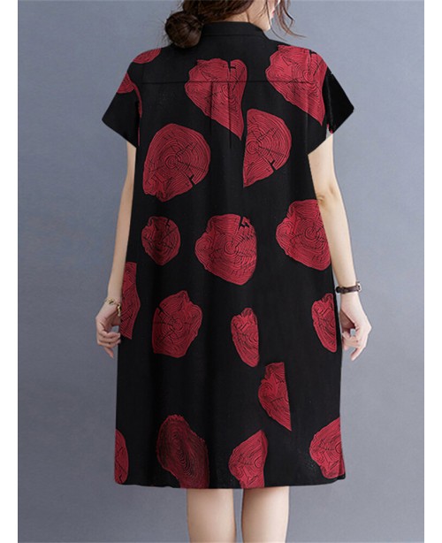 Print Button Pocket Lapel Short Sleeve Casual Midi...
