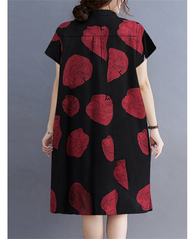 Print Button Pocket Lapel Short Sleeve Casual Midi Dress - Black S
