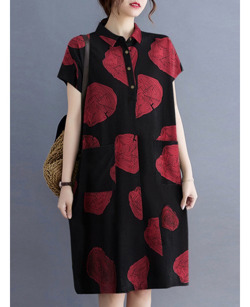 Print Button Pocket Lapel Short Sleeve Casual Midi...