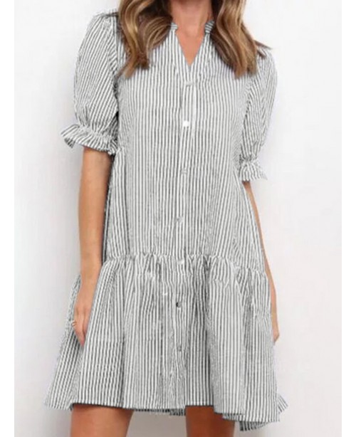 Stripe Print Button Front Stand Collar Puff Sleeve...