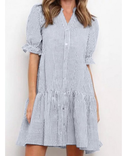 Stripe Print Button Front Stand Collar Puff Sleeve...
