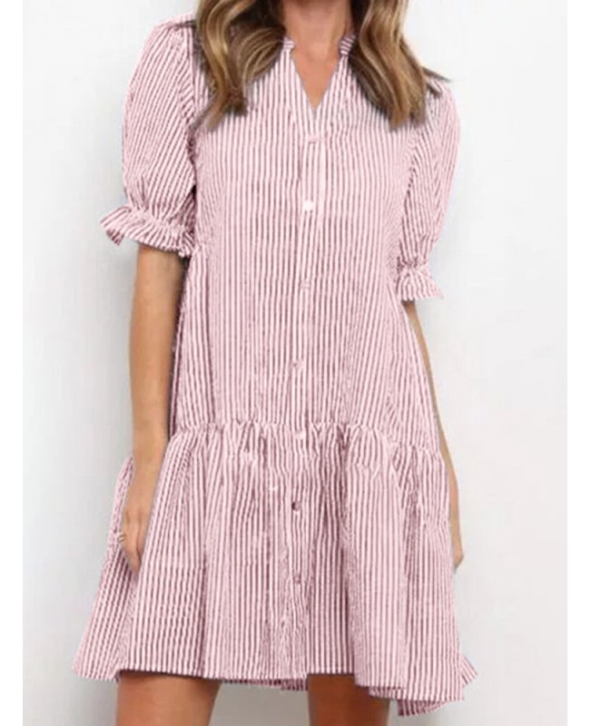 Stripe Print Button Front Stand Collar Puff Sleeve Shirt Dress - Black S