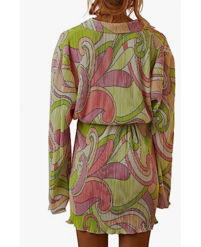 Women's Collar V Neck Button Down Pleated Long Sleeve Mini Shirt Dress with Belt Pick, Ukulele Finger Shrapnel Musical Instrument Accessories, Electric Guitar Pick