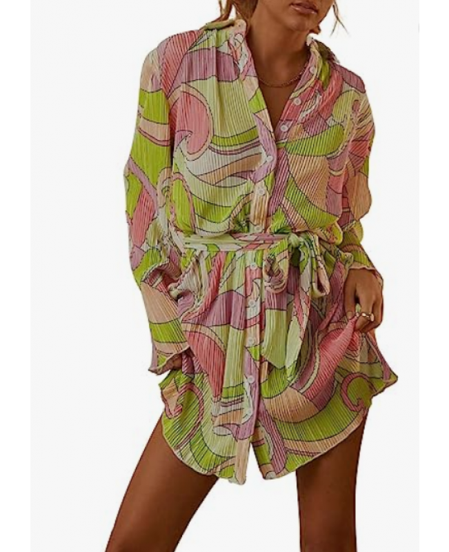 Women's Collar V Neck Button Down Pleated Long Sleeve Mini Shirt Dress with Belt Pick, Ukulele Finger Shrapnel Musical Instrument Accessories, Electric Guitar Pick