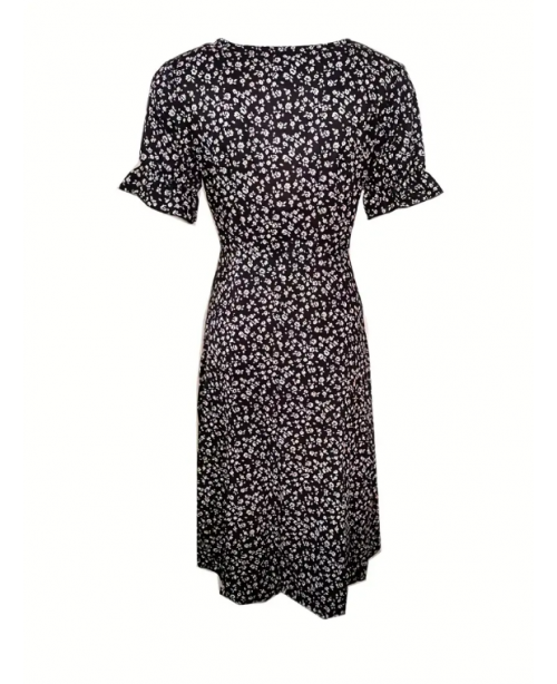 Floral Print Dress, Elegant Button Front Short Sle...