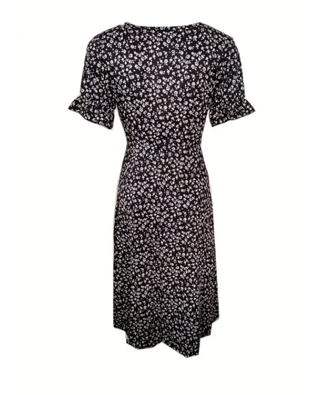 Floral Print Dress, Elegant Button Front Short Sleeve Summer Dress, Women's Clothing