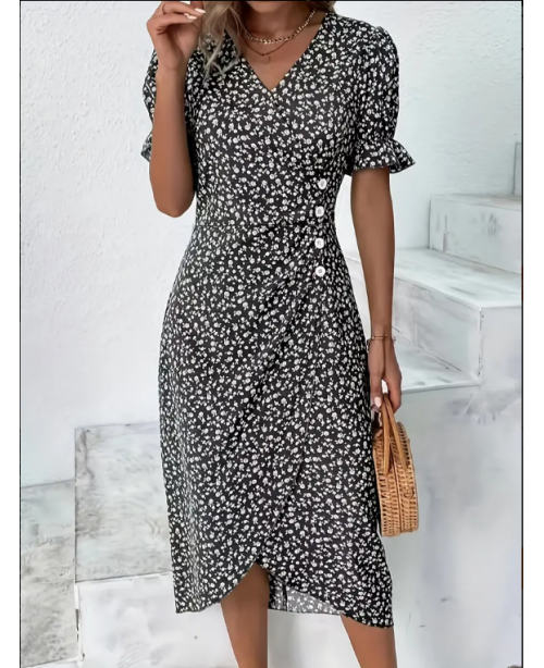 Floral Print Dress, Elegant Button Front Short Sle...