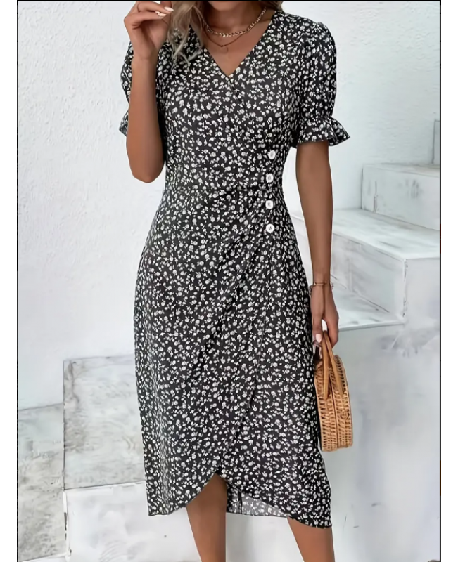 Floral Print Dress, Elegant Button Front Short Sleeve Summer Dress, Women's Clothing