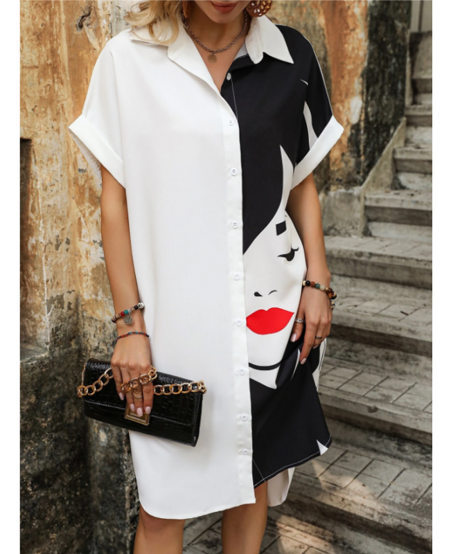 Figure Graphic Two Tone Button Through Batwing Sleeve Shirt Dress