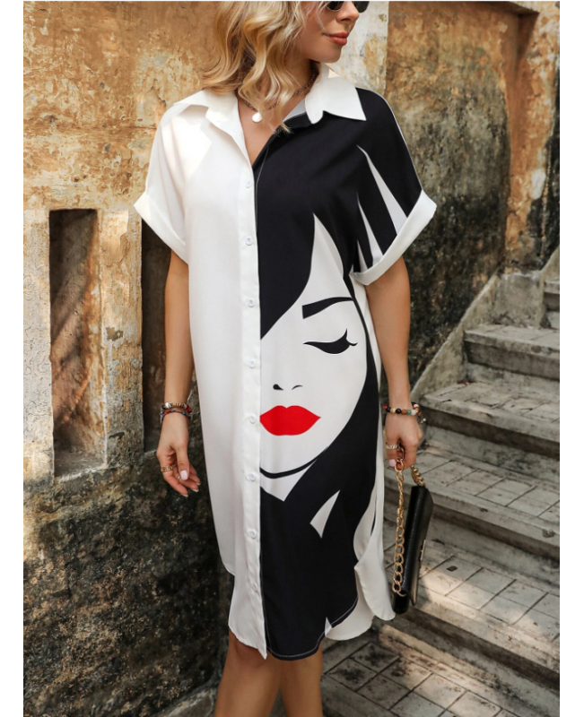 Figure Graphic Two Tone Button Through Batwing Sleeve Shirt Dress