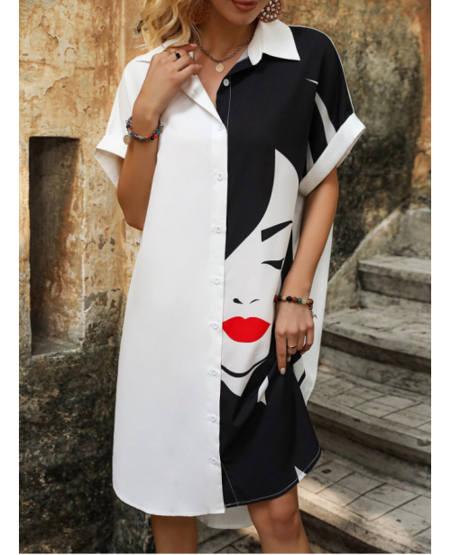 Figure Graphic Two Tone Button Through Batwing Sle...
