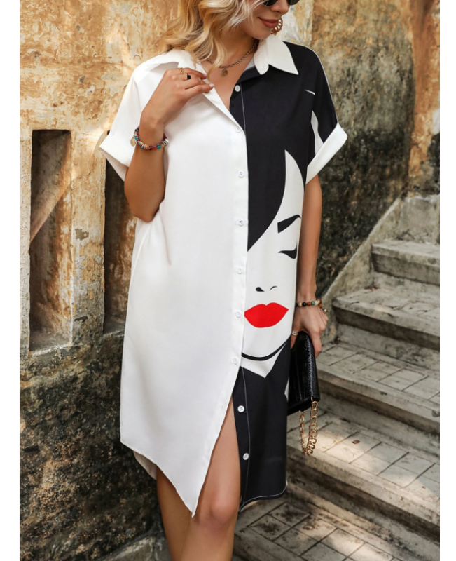 Figure Graphic Two Tone Button Through Batwing Sleeve Shirt Dress