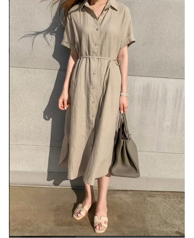 Solid Button Front Dress, Casual Short Sleeve Maxi Dress With A Collar, Women's Clothing