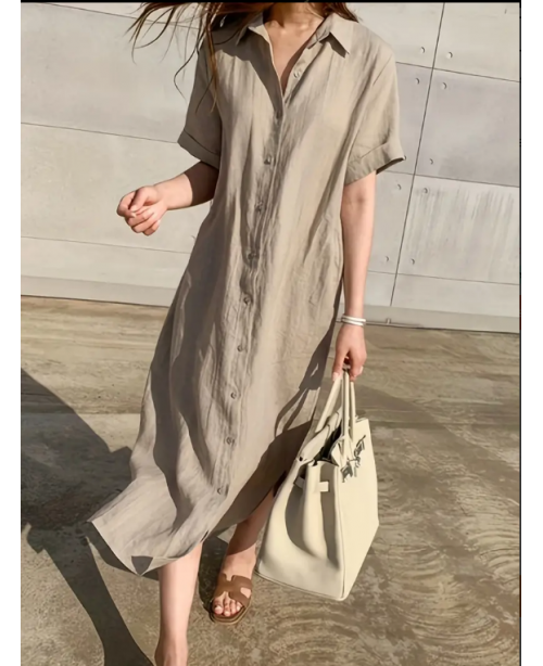 Solid Button Front Dress, Casual Short Sleeve Maxi...