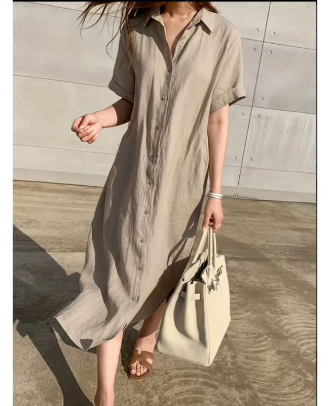 Solid Button Front Dress, Casual Short Sleeve Maxi Dress With A Collar, Women's Clothing
