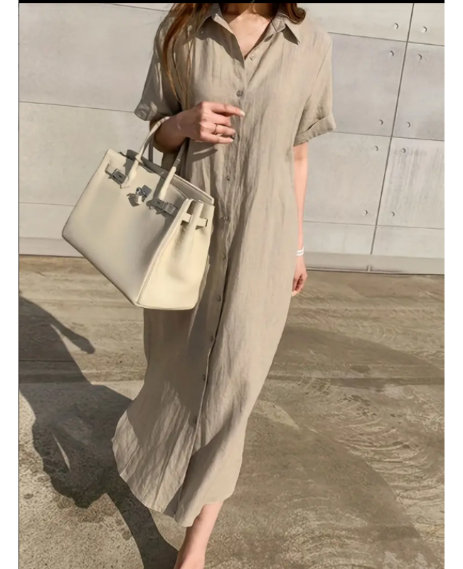 Solid Button Front Dress, Casual Short Sleeve Maxi Dress With A Collar, Women's Clothing