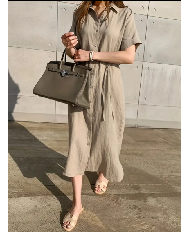 Solid Button Front Dress, Casual Short Sleeve Maxi Dress With A Collar, Women's Clothing