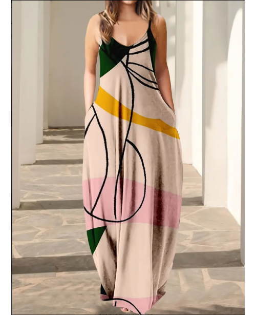 Oil Painting Print Cami Dress With Pocket, Casual ...
