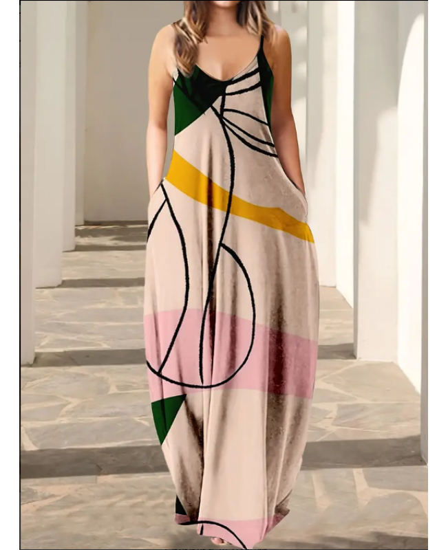 Oil Painting Print Cami Dress With Pocket, Casual Every Day Dress For Summer & Spring, Women's Clothing