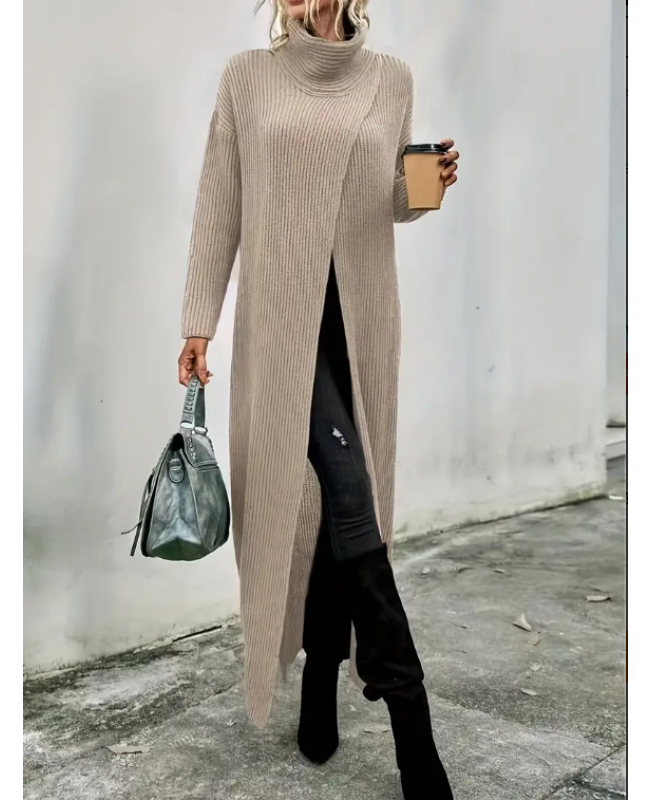 High Neck Split Dress, Elegant Long Sleeve Solid Maxi Dress, Women's Clothing