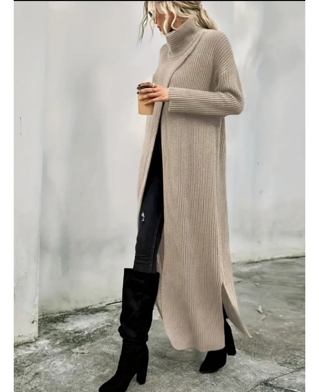 High Neck Split Dress, Elegant Long Sleeve Solid Maxi Dress, Women's Clothing