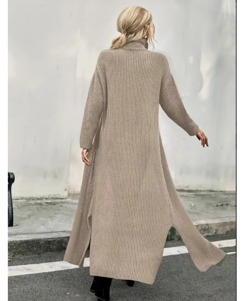 High Neck Split Dress, Elegant Long Sleeve Solid M...