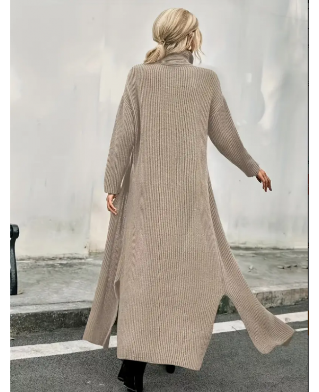 High Neck Split Dress, Elegant Long Sleeve Solid Maxi Dress, Women's Clothing