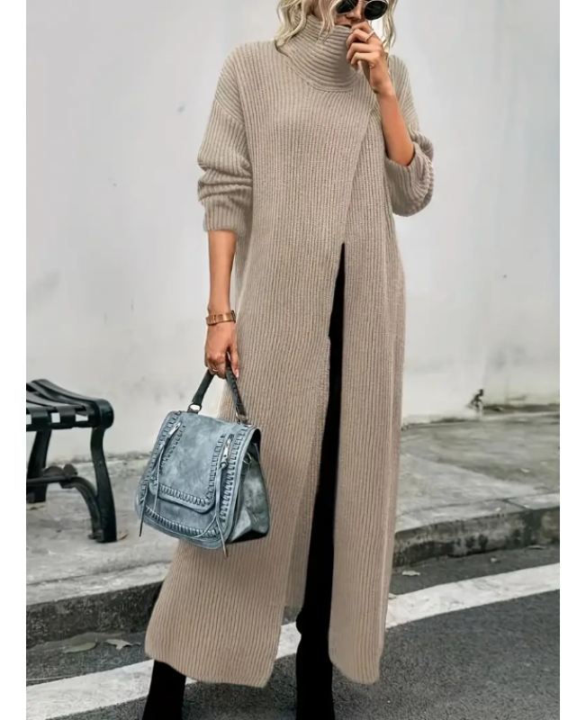 High Neck Split Dress, Elegant Long Sleeve Solid Maxi Dress, Women's Clothing